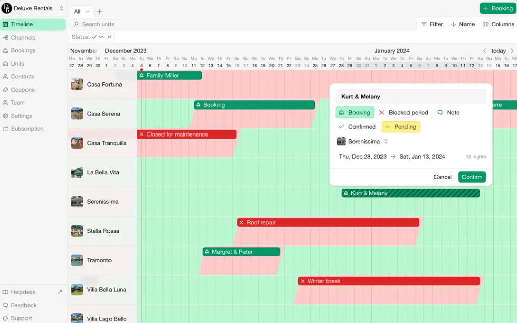 Dashboard showing a timeline of bookings and blocked periods for multiple rental properties