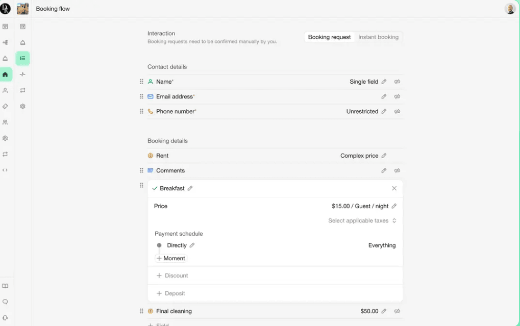 Dashboard interface showing customization options for a booking flow, including guest contact fields and pricing
