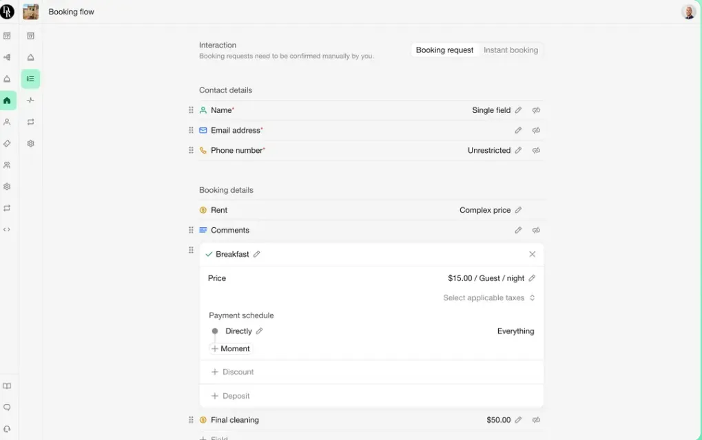 Dashboard interface showing customization options for a booking flow, including guest contact fields and pricing