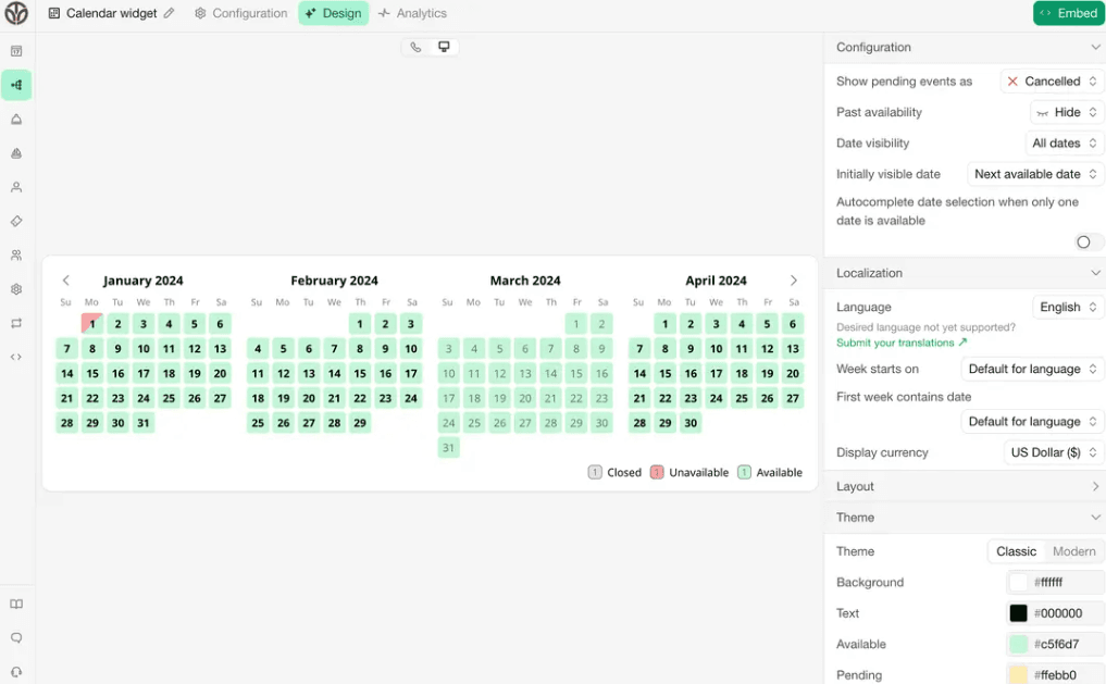 Interface for customizing an embeddable calendar widget with options for localization, layout, and theme colors