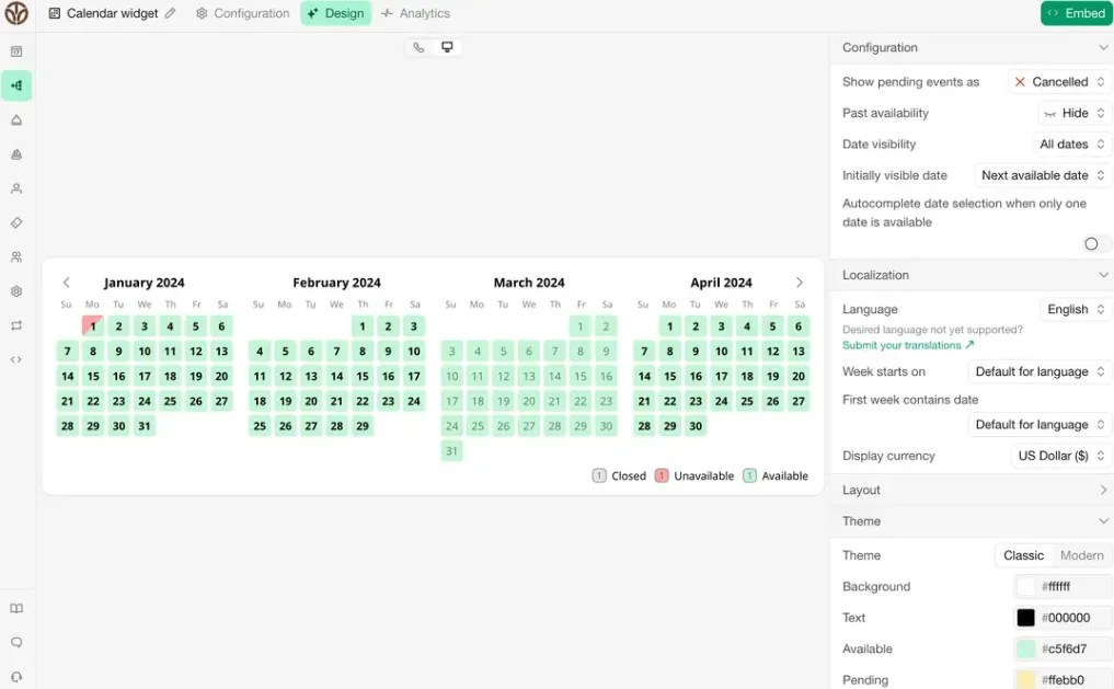 Interface for customizing an embeddable calendar widget with options for localization, layout, and theme colors