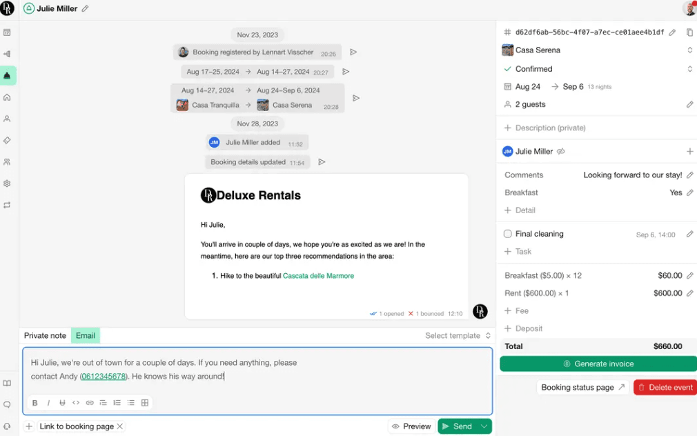 Interface showing a guest message thread, email composer, and reservation details for a property booking
