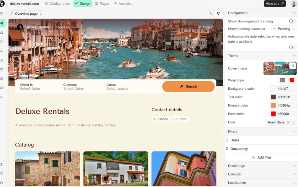 Interface of a website builder showing design customization tools and a preview of a rental property website