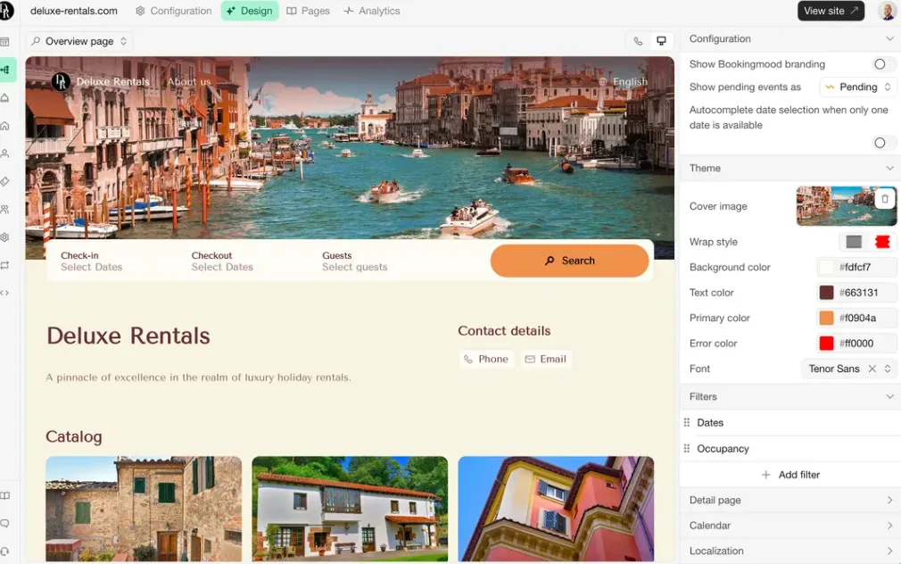 Interface of a website builder showing design customization tools and a preview of a rental property website
