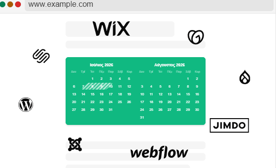 Booking widget surrounded by logos of popular website builders like Wix, WordPress, Squarespace, and Webflow