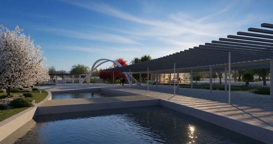 Water features and an integrated rainwater management system for reuse in irrigation