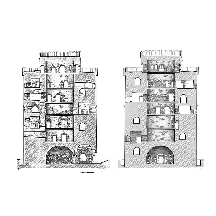 Cross-section architectural drawings of the White Tower showing its internal floors and central chambers