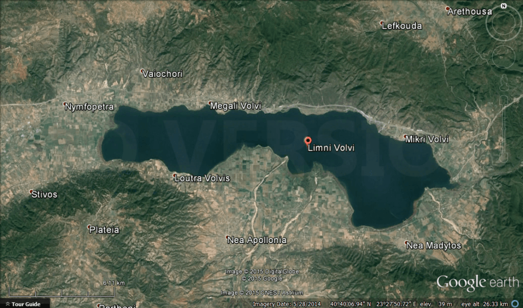 Satellite map of Lake Volvi and surrounding villages including Megali Volvi, Loutra Volvis, and Nea Apollonia