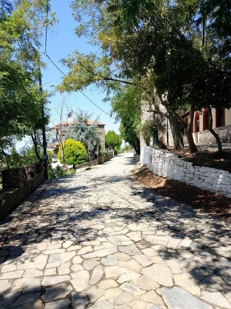 Sun-dappled cobblestone street in Parthenon village, lined with traditional stone buildings and lush green trees