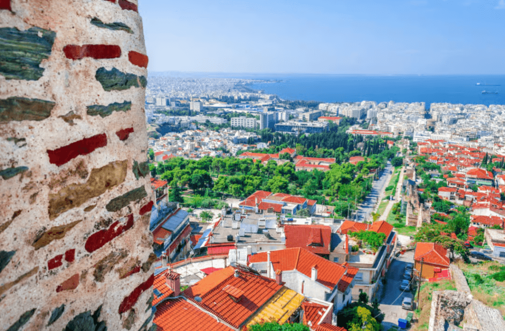 Panoramic view of Thessaloniki and the sea from an ancient stone wall