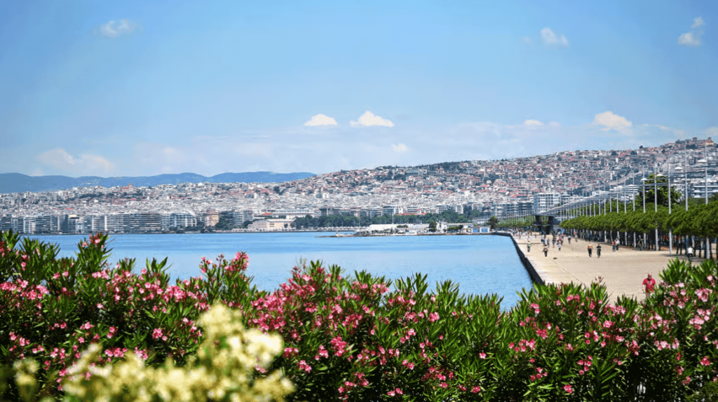 Thessaloniki waterfront promenade and city skyline overlooking the sea