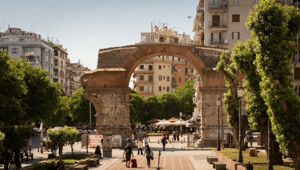 The ancient Arch of Galerius standing in a modern pedestrian area of Thessaloniki