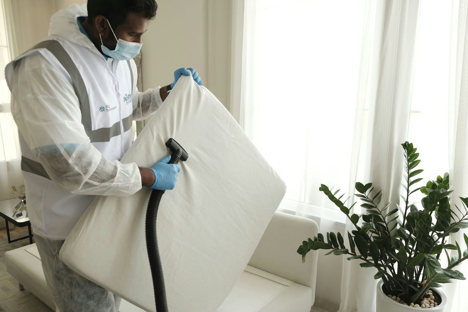 A professional cleaner in a protective suit, mask, and gloves vacuums a sofa cushion in a bright apartment