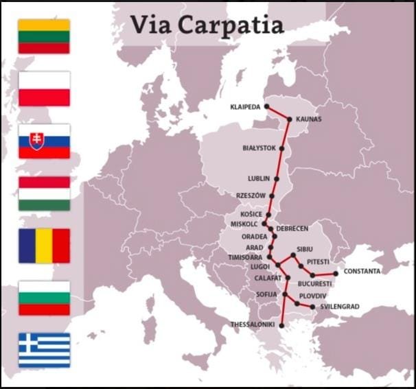 Map of the Via Carpatia route connecting Lithuania, Poland, Slovakia, Hungary, Romania, Bulgaria, and Greece