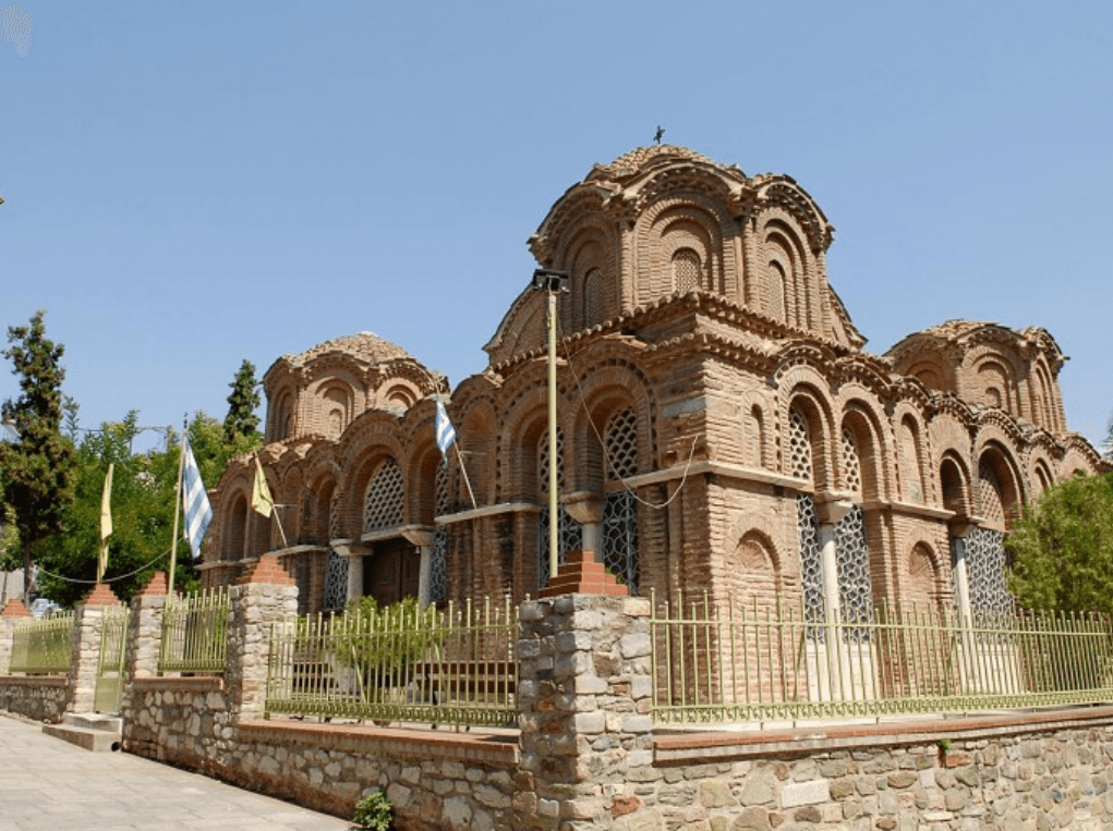 The Byzantine Church of the Holy Apostles with its characteristic brick arches and multiple domes